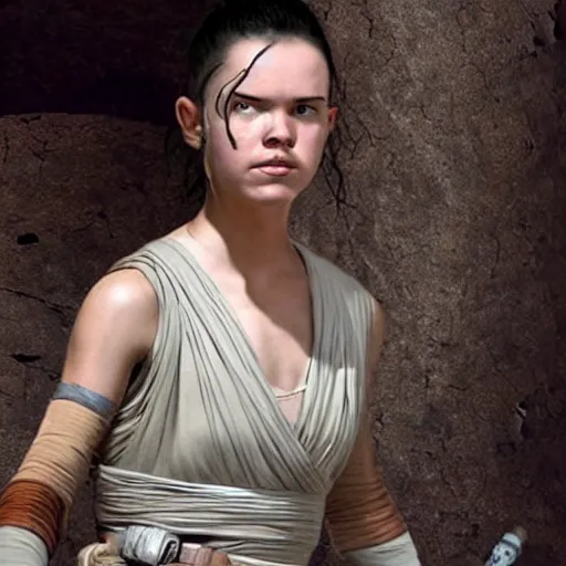 Image similar to Rey from Star Wars twenty years older as a Jedi Master