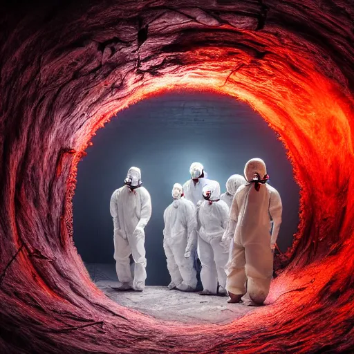 Image similar to wide - shot photo of a group of scientists in hazmat suits, studying a hell open rift portal, by shaun tan, codachrome, hellish, unsettling, otherworldly, blood, machines, 8 k, hd, highly detailed,