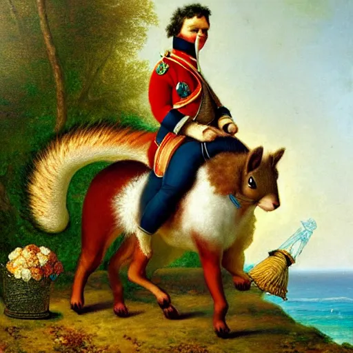 Prompt: a giant fluffy squirrel carrying napoleon bonaparte on its back, beach scene, flowers and foliage, detailed oil painting