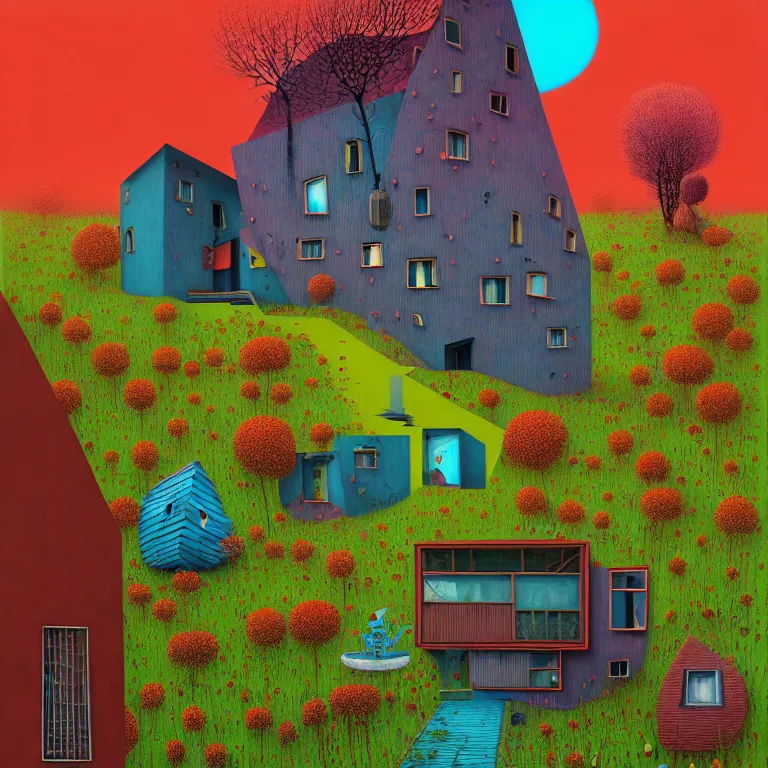 Image similar to surreal glimpse into other universe, house by som architect, summer morning, very coherent and colorful high contrast, art by!!!! gediminas pranckevicius!!!!, geof darrow, floralpunk screen printing woodblock, dark shadows, hard lighting, stipple brush technique,