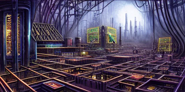 Image similar to painting of redwood forest labyrinth consuming cyberpunk metropolis in the style of steampunk by dan seagrave and john stephens