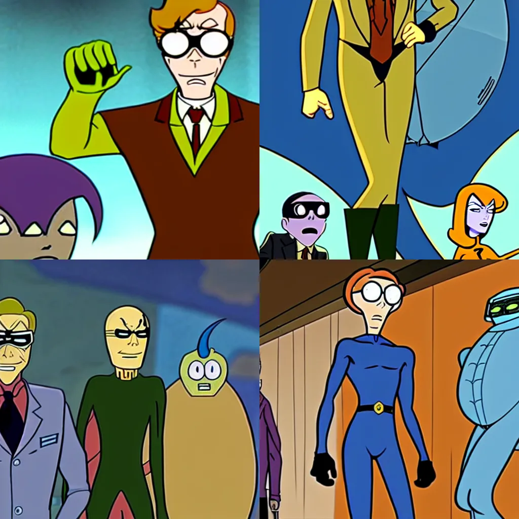 Prompt: Rusty Venture becoming a super villain and arching The Blue Morpho, Venture Brothers, style of titmouse animation, Dr Thaddeus Venture