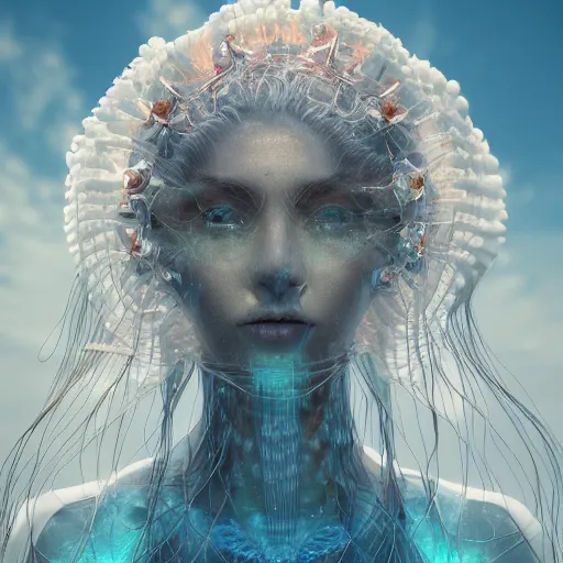 Prompt: Full body photo of the most beautiful goddess, she has a jellyfish phoenix head's, by Tooth Wu, trending on Artstation, digital art, symmetrical artwork, cinematic, hyper realism, high detail, octane render, 4k, 8k