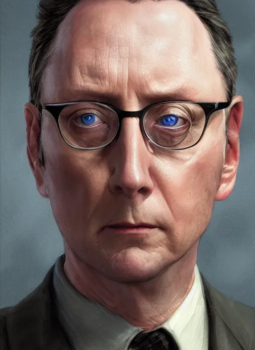 Image similar to portrait of michael emerson as leland in evil ( 2 0 1 9 ), highly detailed, centered, solid color background, digital painting, artstation, concept art, smooth, sharp focus, illustration, artgerm, donato giancola, joseph christian leyendecker, les edwards, ed repka, wlop