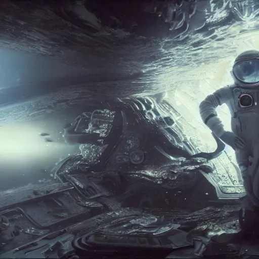 Image similar to concept art by craig mullins astronaut in futuristic dark and empty spaceship underwater. infrared complex and hyperdetailed technical suit. mandelbulb fractal. reflection and dispersion materials. rays and dispersion of light. volumetric light. 5 0 mm, f / 3 2. noise film photo. flash photography. unreal engine 4, octane render. interstellar movie art