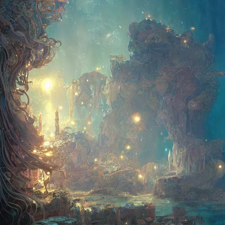 Prompt: a beautiful painting of the city of atlantis, underwater with glowing lights, corals and jellyfish, with the night sky with stars above, intricate, elegant, highly detailed, digital painting, artstation, concept art, by krenz cushart and artem demura and alphonse mucha