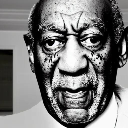 Image similar to screenshot of a video containing a close up face of Bill Cosby on a Doorbell, creepy, scary, black and white, very scary, horror, super scary, very creepy, so creepy