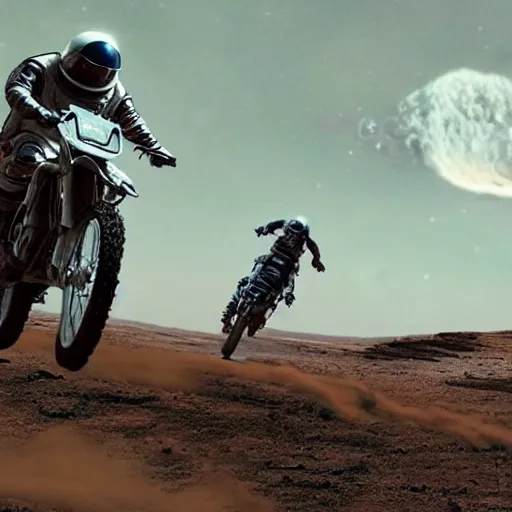 Image similar to photograph of an astronaut riding a dirt bike on an alien planet, interstellar cinematic shot