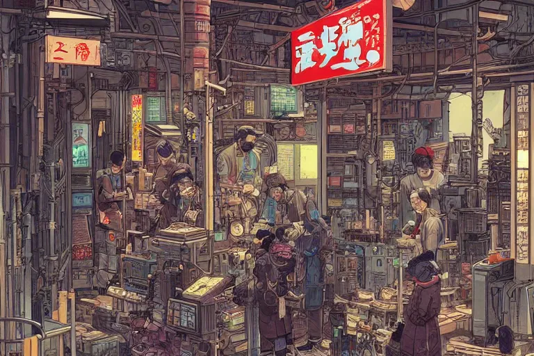 Image similar to cyberpunk japanese merchants in their shop, Industrial Scifi, detailed illustration, character design, intricate, by Martin Grip and Moebius