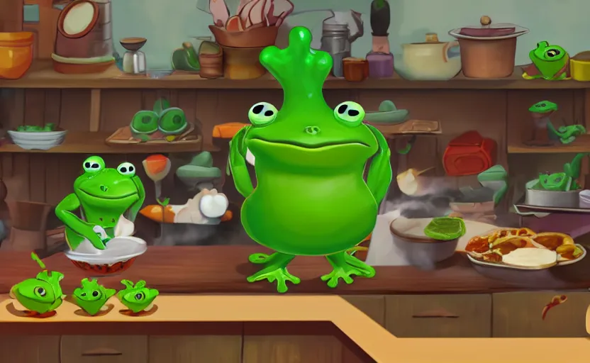 Image similar to game about a cute frog chef in italy, frog chef in foreground, unity screenshot,