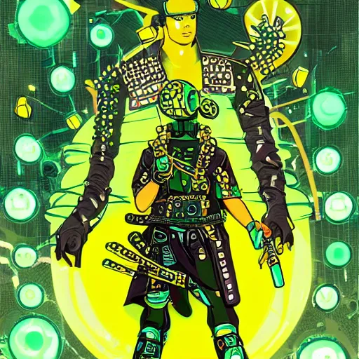 Prompt: cyperpunk samurai, wearing leather jacket covered in studs, vr goggles, subway, green and yellow palette by josan gonzales