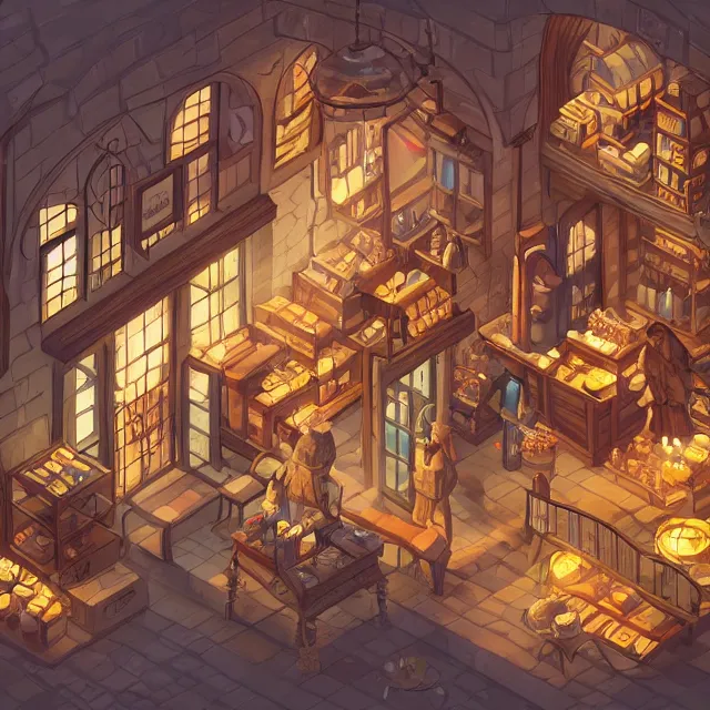 Image similar to an isometric digital painting of a cosy medieval apothecary shop, volumetric lighting, digital art, isometric, artstation hd