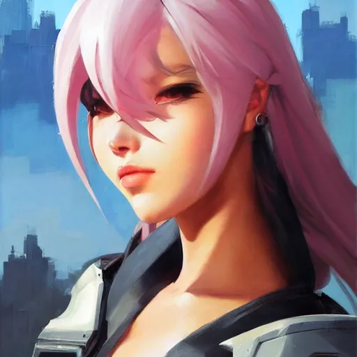 Image similar to greg manchess portrait painting of yorha type a no. 2 as overwatch character, medium shot, asymmetrical, profile picture, organic painting, sunny day, matte painting, bold shapes, hard edges, street art, trending on artstation, by huang guangjian and gil elvgren and sachin teng