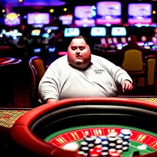 Image similar to incredibly detailed high quality studio portrait of an obese man looking at a piece of paper at a poker table in a casino while flood waters fill the room