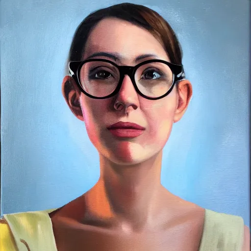 Prompt: oil painting portrait of a beautiful woman wearing large, big, nerdy glasses, 4k