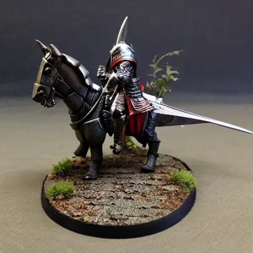 Image similar to mini of medieval english knight in full armor with sword riding a dinosaur in full armor, heavy cavalry, Asgard rising, 28mm scale