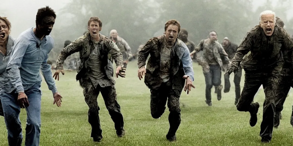 Image similar to movie still of joe biden running away from a hoard of infected zombies on the white house lawn in the movie 2 8 days later, detailed, real, cinematic