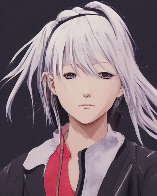 Image similar to face portrait of a very beautiful anime girl with tanned skin and chin length white hair wearing a red shirt and a black leather jacket, watercolor, digital painting, art by ( makoto shinkai ) ( ( ( shirow masamune ) ) ) and katsuhiro otomo, very detailed, sharp focus, digital painting, cyberpunk, high quality, color manga panel, hard shadows