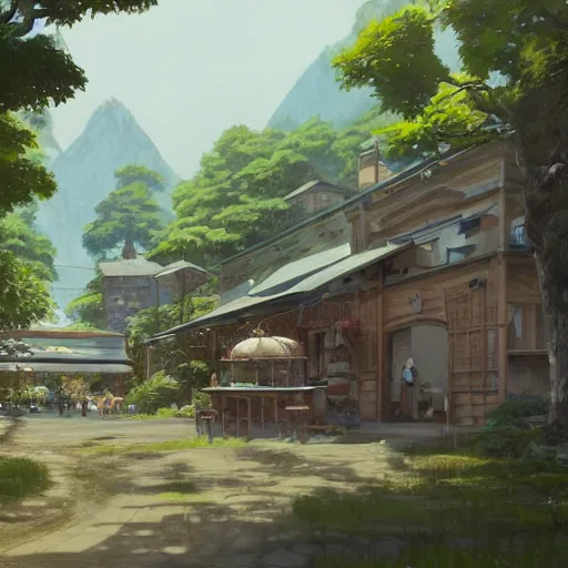 Image similar to concept art painting of a historic bakery with european and japanese architecture, in a woodland village surrounded by trees and mountains, realistic, detailed, cel shaded, in the style of makoto shinkai and greg rutkowski and james gurney