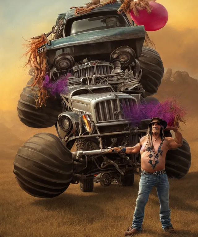 Image similar to danny trejo, cinematic, driving monster truck grave digger, holding a balloon elegant, highly detailed, digital painting, artstation, smooth, hard focus, illustration, art by jessica rossier and and brian froud