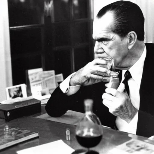 Prompt: Richard Nixon drinking out of a bottle of whiskey in the oval office, photo