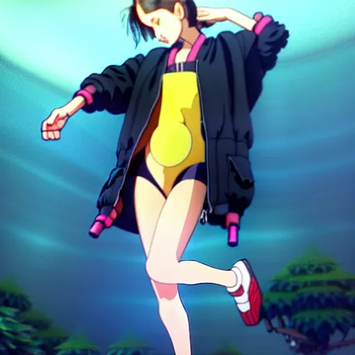 Image similar to a beautiful! boyish! natalie portman alluring gravure! model, wearing oversized mayan bomber jacket and leotard with overalls, bulky poofy bomber jacket with mayan patterns, gapmoe yandere grimdark, trending on pixiv fanbox, painted by greg rutkowski makoto shinkai takashi takeuchi studio ghibli, akihiko yoshida