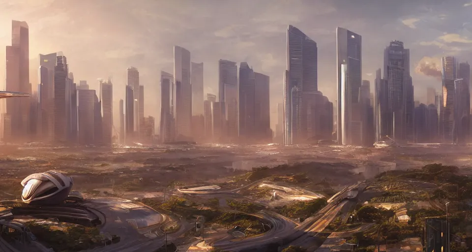 Prompt: futuristic oriental robotic singapore seattle dubai city, matte painting long shot cinematic epic lighting concept art wide shot digital art trending on artstation 4 k extremely detailed cinematic realistic midday warm colors sunlight vegetation water futuristic suburbs by greg rutkowski martin ansin john blanche alejandro burdisio, photographed by victor enrich