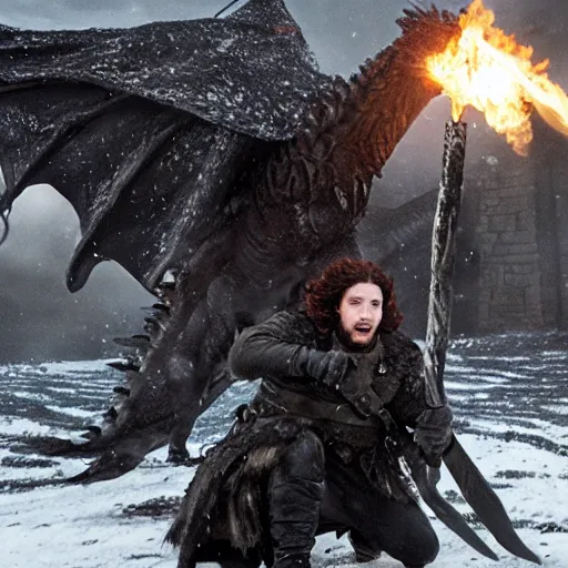 Prompt: Jon snow slaying a dragon