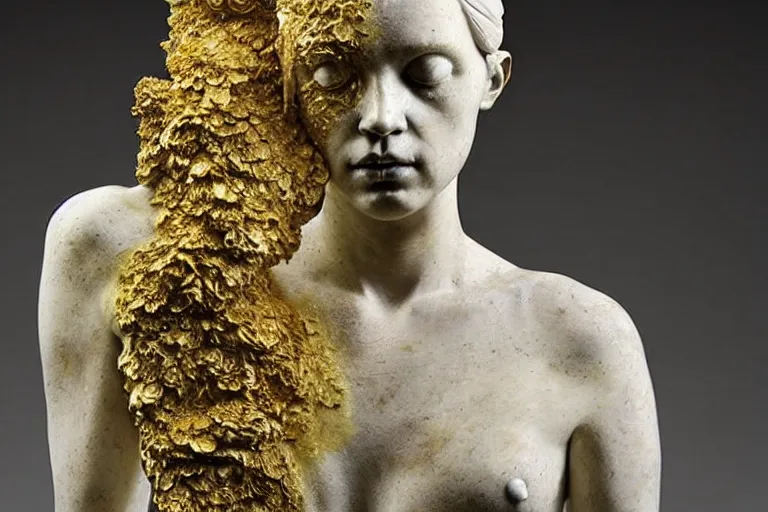 Image similar to a sculpture of a person with flowing golden tears, fractal flowers on the skin, a marble sculpture by nicola samori, behance, neo - expressionism, marble sculpture, apocalypse art, made of mist