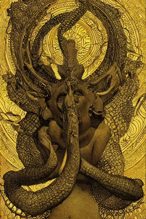 Image similar to beautiful crocodile headed god by maxfield parrish, mandala, coherent design, digital watercolor ink illustration painting, extremely dull colors, golden ratio, detailed, sharp lines, sharp focus, intricate, artgerm, gustave dore, alphonse mucha, octane render
