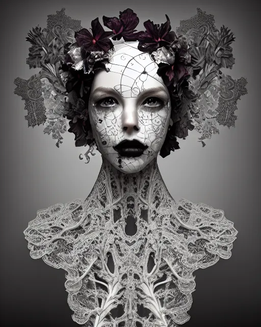 Prompt: monochrome profile portrait painting, dutch masters, silver lace floral steampunk biomechanical beautiful young female cyborg with one techno eye, volumetric light, leaves foliage and stems, hibiscus flowers, sinuous fine roots, fine foliage lace, alexander mcqueen, rim light, big gothic fashion floral pearl embroidered collar, 8 k