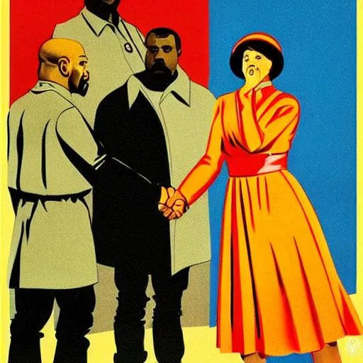 Image similar to a majestic soviet propaganda poster of kanye west shaking hands with lenin