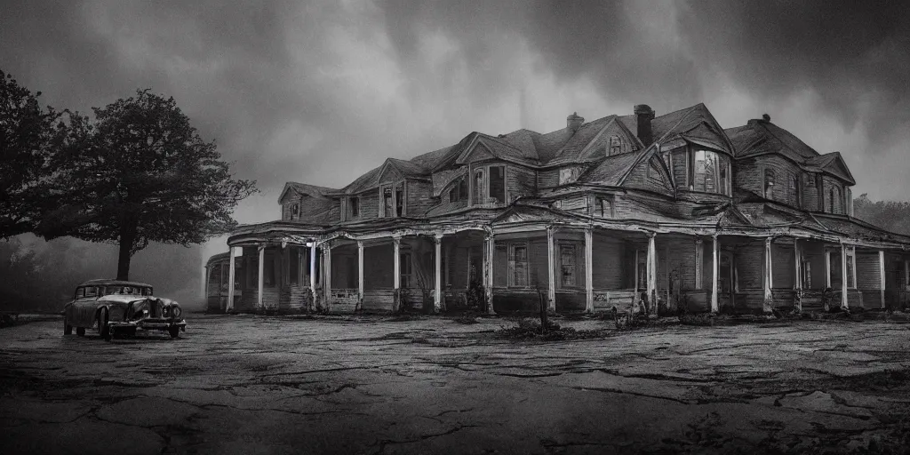 Image similar to Lovecraft Country, ultra detailed haunted house, stormy weather, rain, ultra detailed rain clouds, establishing atmospheric shot, unreal engine, F11 aperture, night, detailed volumetric fog, lighting and thunder, film grain, one ultra detailed grey 1948 Packard Station Sedan parked in the street,