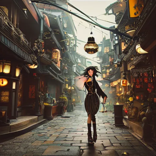 Prompt: steampunk witch making potions in the streets of japan, fairy tale, stunning, surrounding cinematic light, hyper detailed, ornate and intricate, 4 k cinematic octane render