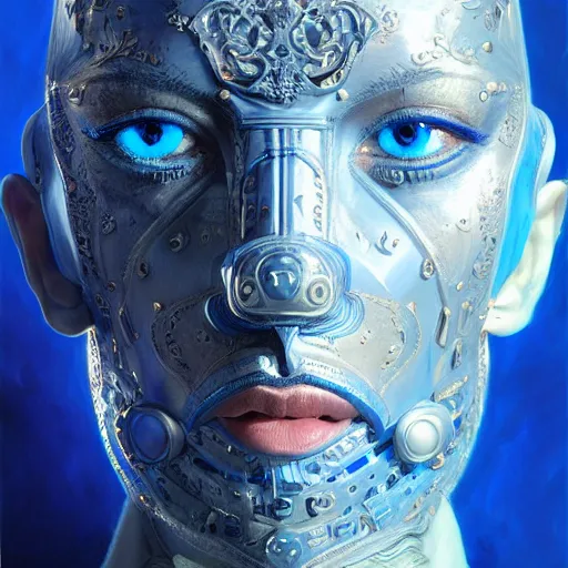 Image similar to Very very very very highly detailed epic central composition portrait of face with venetian mask, blue, intricate, dystopian, sci-fi, extremely detailed, digital painting, artstation, concept art, smooth, sharp focus, illustration, intimidating lighting, incredible art by Tokujin Yoshioka and Anton Pieck