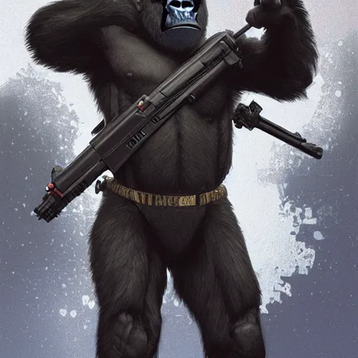 Image similar to detailed science - fiction character portrait of a gorilla with a gun, wild, highly detailed, digital painting, artstation, concept art, smooth, sharp focus, illustration, art by artgerm and greg rutkowski and alphonse mucha