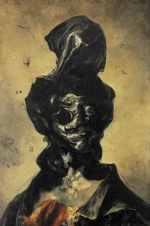 Image similar to mysterious portrait of medici emerging from the dark void, face partially melting like cheese, figure in the darkness of renaissance, Francisco Goya, painted by John Singer Sargant, Adrian Ghenie, style of Francis Bacon, highly detailed, 8k, trending on artstation