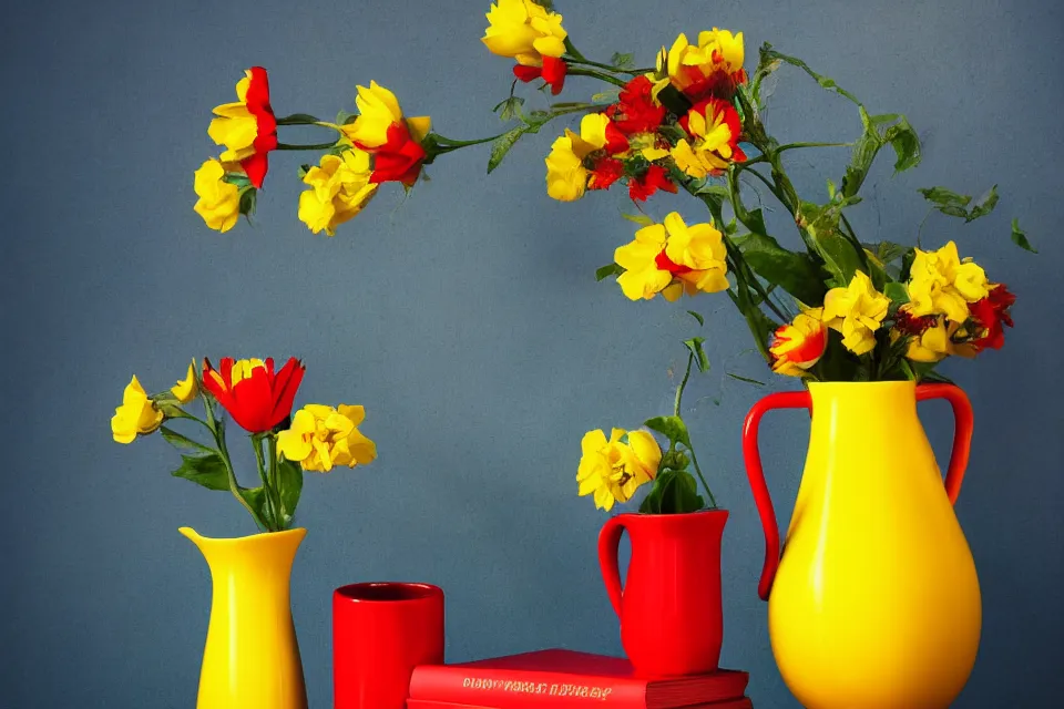 Image similar to red book and yellow vase with blue flowers, photo