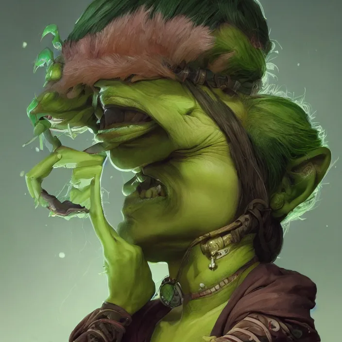 Image similar to beautiful illustrated portrait of a mischevious female green-skinned goblin alchemist, painted, 4k artwork, trending on artstation, octane render, art by artgerm and greg rutkowski and alphonse mucha and craig mullins and James Jean and Andrei Riabovitchev and Marc Simonetti and peter mohrbacher