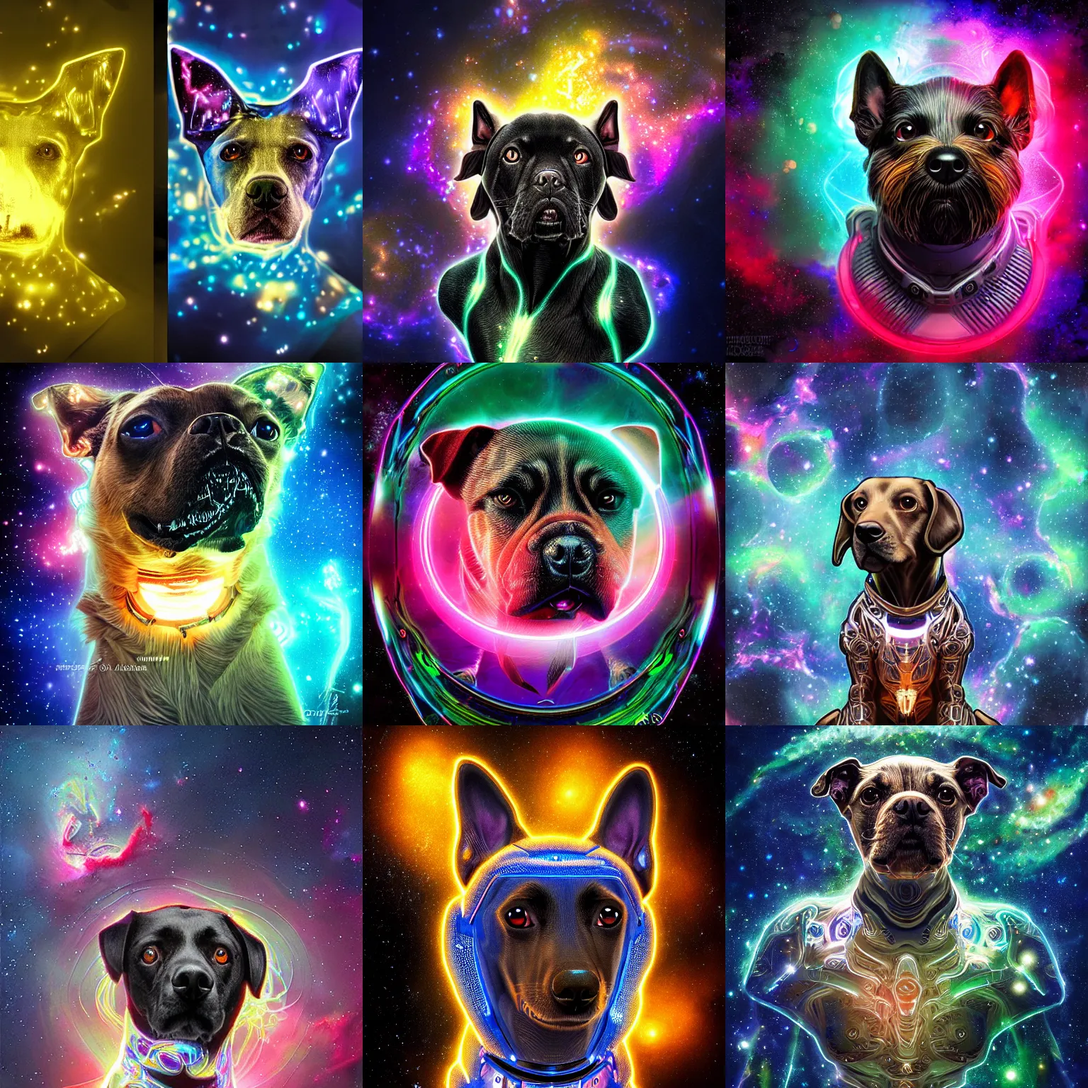 Prompt: symmetric! portrait of a cyborg dog, intricate detailed glowing, background outer space nebula, luminescent digital art by clemens asher and artgerm, 8 k hdr