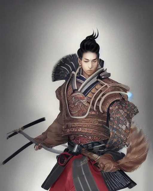 Image similar to A handsome male kitsune samurai, visualartzi, Japanese, concept art by Karla Ortiz, James Paick, Charlie Bowater, Krenz Cushart, highly detailed, ultra detailed, ultra realistic, trending on artstation, cgstudio