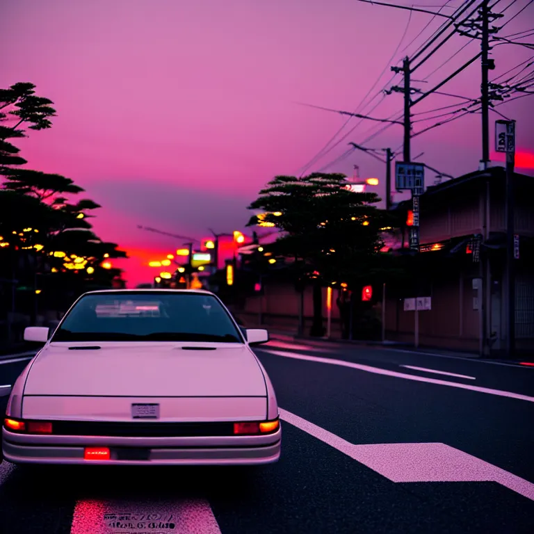 Image similar to close-up-photo JZX90 drift middle of street, sunset kanagawa prefecture, night, cinematic color, photorealistic, highly detailed,