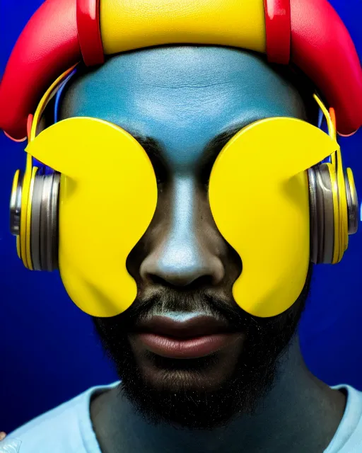 Prompt: hyperrealist highly intricate neo-modern portrait light blue pearlescent a cyberpunk black man at 20s with robot eyes, short hair, tiny thin mustache, thin face, wearing headphones, holding a big camera, concept art pascal blanche key sage dramatic yellow lighting 8k high angle shallow depth of field