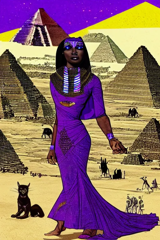 Image similar to A black Warrior Queen in purple surrounded by black panthers with Egyptian pyramids in the background