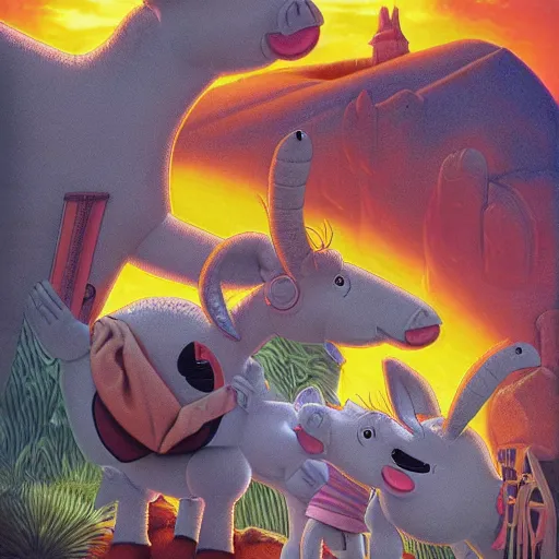 Prompt: trotro the donkey and peppa pig crossover episode, epic composition, artgerm, tim hildebrandt, wayne barlow, bruce pennington, larry elmore