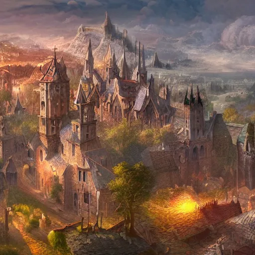 Image similar to old medieval city, eagles view, fantasy setting, digital art, hd, artstation