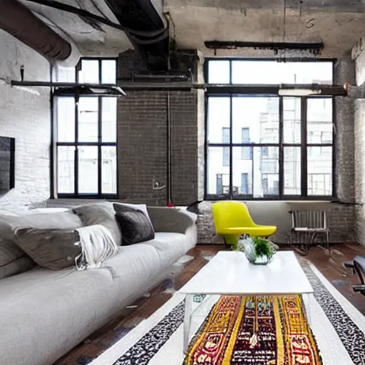 Image similar to trendy downtown loft with modern murals on the wall, contemporary art, and patterns, interior design, rustic industrial architecture