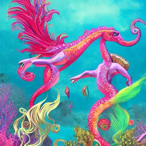 Image similar to merfolk riding seahorses, trending on artstation, colorful, intricate, art by aurore folny and ekaterina burmak