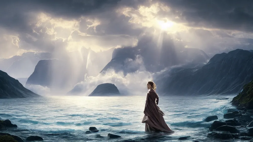 Image similar to queen, norway fjord, natalie portman, hudson river school, max rive, giant waves, white royal dress, f 1 6, bokeh, gentle, female, snowy, storm clouds, god rays, close up portrait, d & d, fantasy, elegant, low key color palette, concept art, roger deakins and greg rutkowski and alphonse mucha