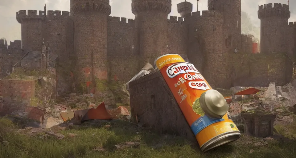 Prompt: ONE!!! GIANT HUGE CAMPBELL SOUP CAN CRASHED!!! INTO a Medieval city!!!!, Soup can crashed into a castle!!!! rendered by Beeple, environment concept, digital art, unreal engine, 3 point perspective, trending on artstation, low level, 4K UHD image, octane render,